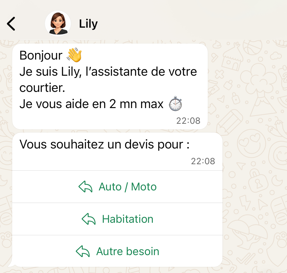 Exemple de conversation WhatsApp avec Lilybot